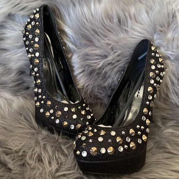 GOLDFISH Spiked and Studded Black Glitter Platform Heels size 9 - Picture 4 of 13